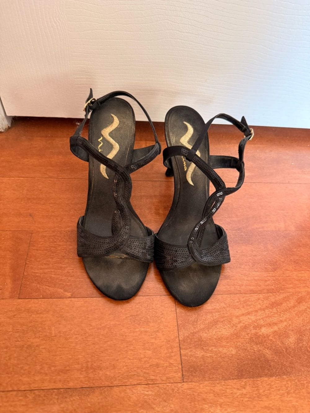 Nina—Black Sequin Strappy Heels